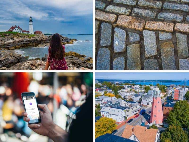 Several pictures of things you might see in Portland, Maine during a walking tour--the signal observatory, a lighthouse, the ocean.