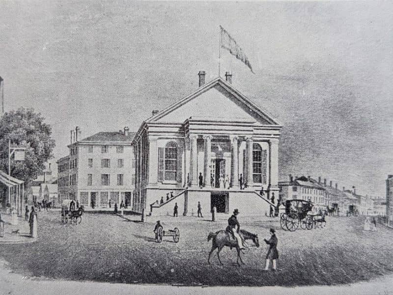 An old drawing of Portland City Hall from the 1830s.